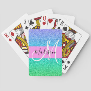 Glam Blå Grön Glitter Gnistra Gradient Monogram Casinokort