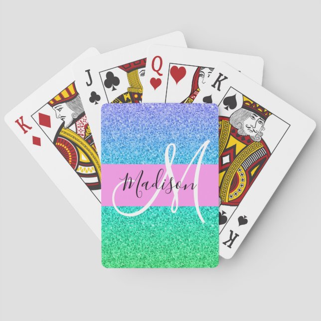Glam Blå Grön Glitter Gnistra Gradient Monogram Casinokort (Baksidan)