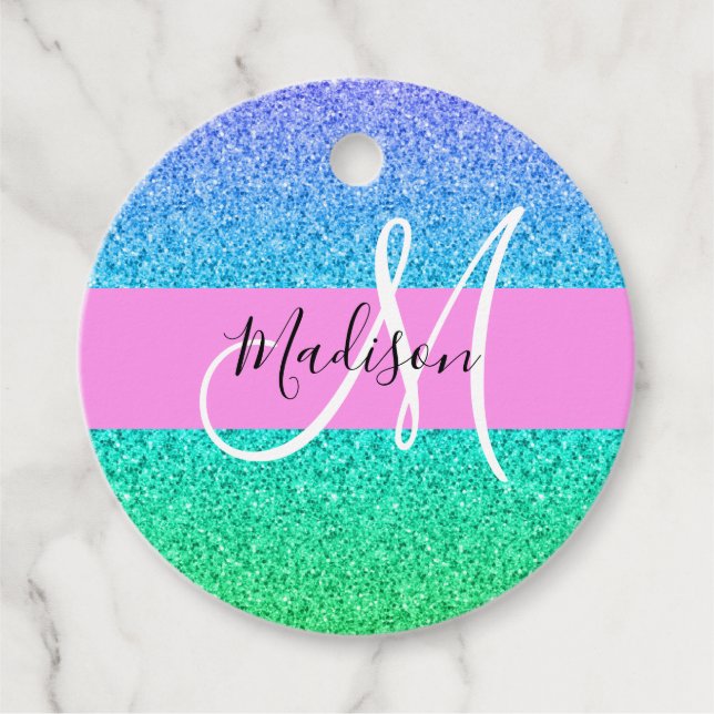 Glam Blå Grön Glitter Gnistra Gradient Monogram Gåvor Etiketter (Framsida)