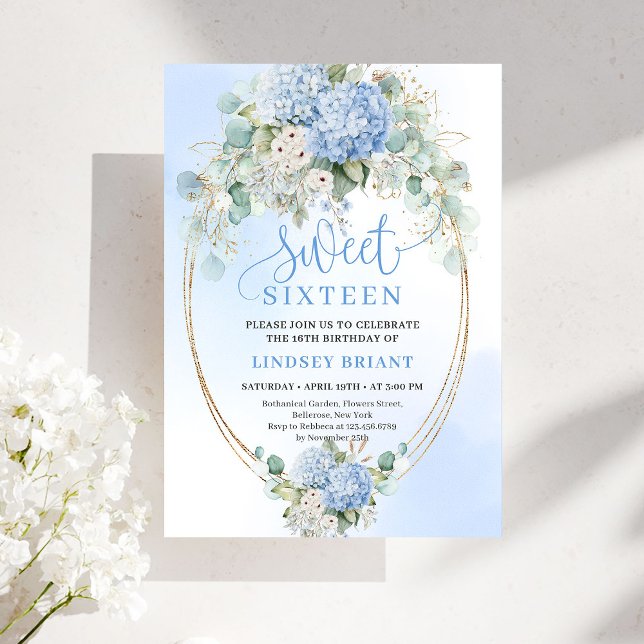 Glam Blå Hortensia Guld Glitter 16-årsdag  Inbjudningar (Glam Blue Hydrangea Gold Glitter 16th Birthday Invitation)