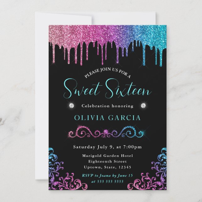 Glam Blå och Rosa Gradient Glitter Sweet 16 Inbjudningar (Framsida)