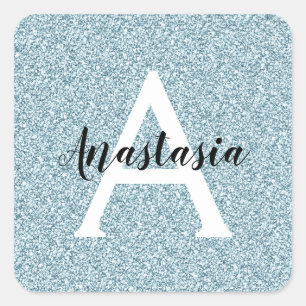 Glam Blå Silver Glitter Gnistrar Monogram Namn Fyrkantigt Klistermärke