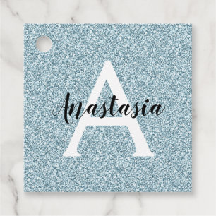 Glam Blå Silver Glitter Gnistrar Monogram Namn Gåvor Etiketter