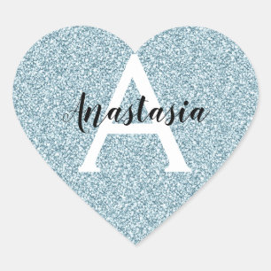Glam Blå Silver Glitter Gnistrar Monogram Namn Hjärtformat Klistermärke