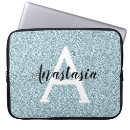 Glam Blå Silver Glitter Gnistrar Monogram Namn Laptop Fodral