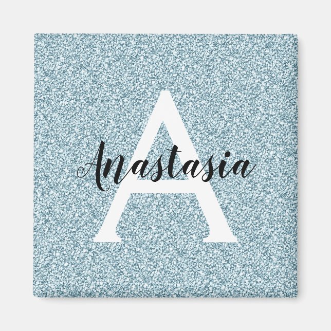Glam Blå Silver Glitter Gnistrar Monogram Namn Magnet (Framsidan)