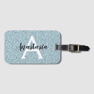 Glam blå silver glitter gnistrar monogramnamn bagagebricka
