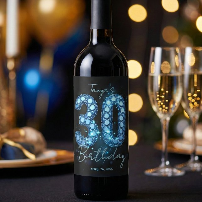 Glam Blå Teal Diamant Glitter 30-års Födelsedag Vinflaska Etikett (Skapare uppladdad)