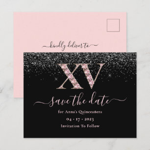 Glam Black and Rosa Quinceanera Spara datum Vykort