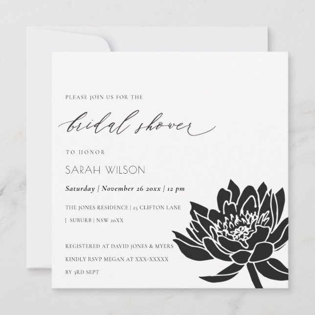 Glam Black and White Lotus Floral Bridal Shower Inbjudningar (Framsida)