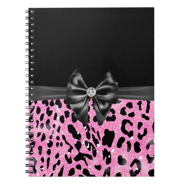 Glam Black Bow Diamond Rosa Glitter Leopard Anteckningsbok (Framsidan)