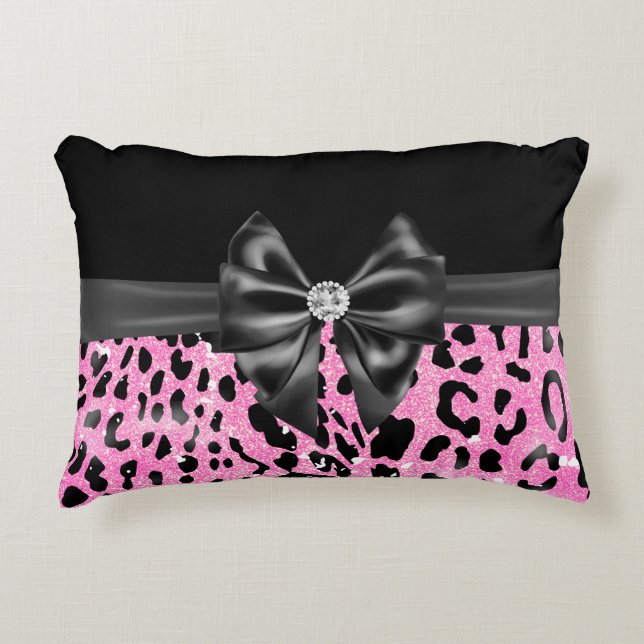 Glam Black Bow Diamond Rosa Glitter Leopard Prydnadskudde (Framsidan)