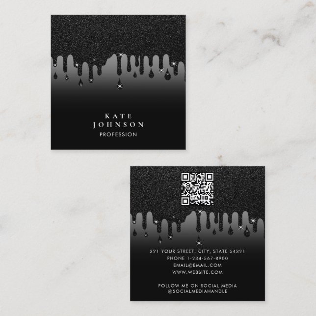Glam Black Dripping Glitter QR Code Social Media Fyrkantigt Visitkort (Fram/baksida)