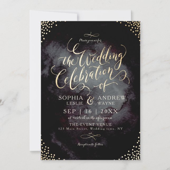 Glam black faux guld glitter calligraphy bröllop inbjudningar (Framsida)