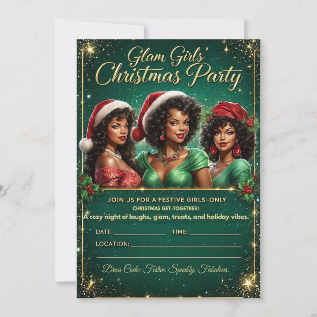 Glam Black Girl Christmas Party Invitation  Julkort (Framsida)