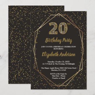 Glam Black Gold 20th Birthday Party Inbjudningar