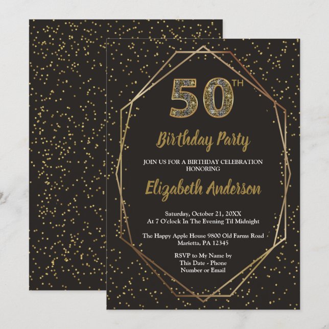 Glam Black Gold 50th Birthday Party Inbjudningar (Fram/baksida)