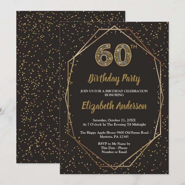 Glam Black Gold 60th Birthday Party Inbjudningar (Fram/baksida)