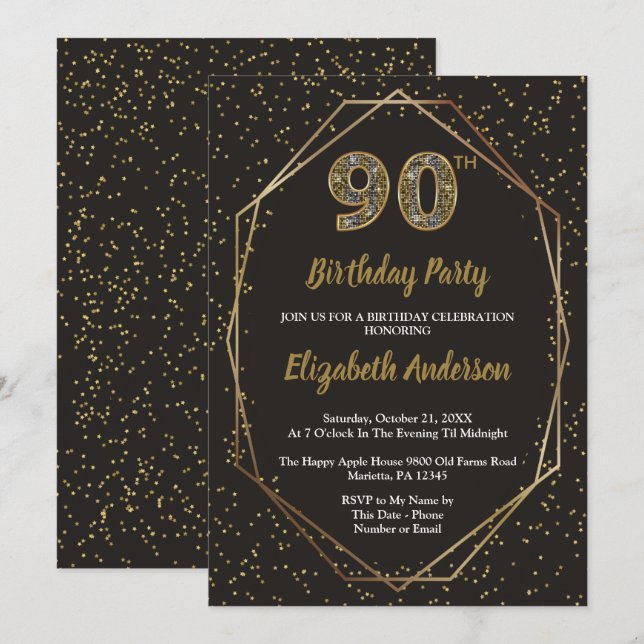 Glam Black Gold 90th Birthday Party Inbjudningar (Fram/baksida)