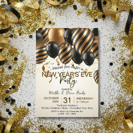 Glam Black Gold Balloons New Year's Eve Party Inbjudningar