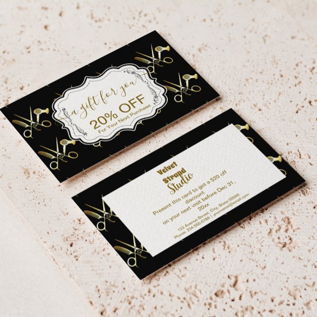 Glam Black Gold Hair Stylist Business Rabattkort (Skapare uppladdad)