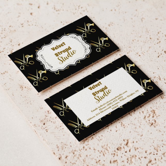 Glam Black Gold Hair Stylist Business Visitkort (Skapare uppladdad)