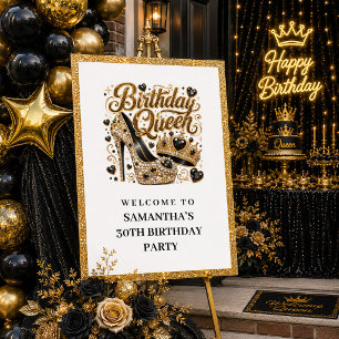 Glam Black Gold Konfetti Födelsedagsdrottning Välk Poster
