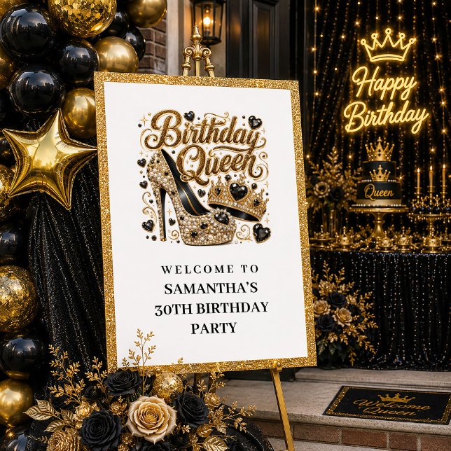 Glam Black Gold Konfetti Födelsedagsdrottning Välk Poster (Glam Black Gold Confetti Birthday Queen Welcome Poster

)