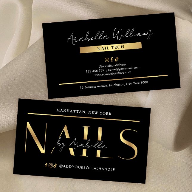 Glam Black Gold Modern Manicure Nail Artist Salon Visitkort (Create stylish business cards for your nail salon or spa using this elegant design)