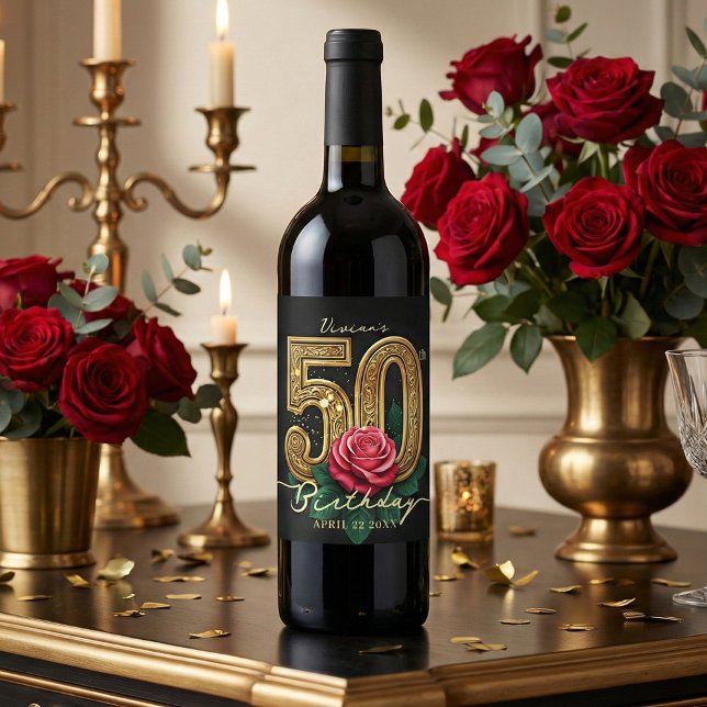 Glam Black Gold Red Rose 50th Birthday Party Vinflaska Etikett (Skapare uppladdad)