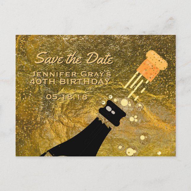 Glam Black Gold Save the Date Champagne Födelsedag Meddelande Vykort (Framsida)