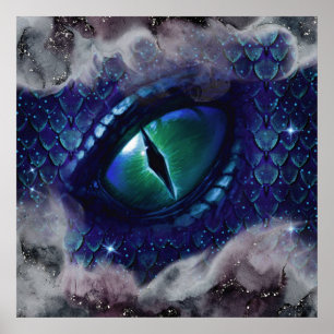 Glam Bläck Gothic Blue Medieval Dragon Poster