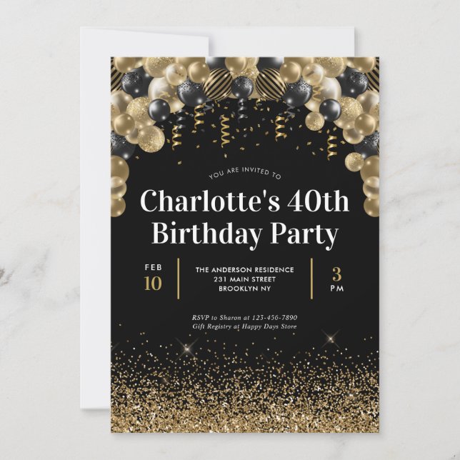 Glam Black Guld Balloon Glitter vid alla åldrar Inbjudningar (Framsida)