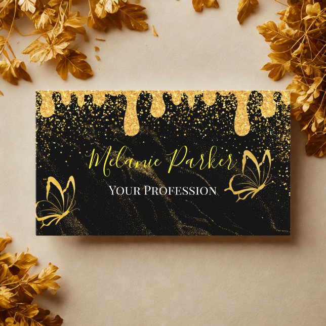 Glam Black Guld drop Glitter Visitkort (Skapare uppladdad)