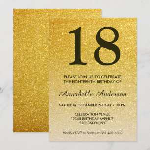 Glam Black Guld Glitter Ombre 18:e födelsedagen Inbjudningar