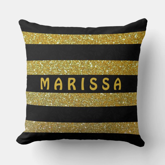 Glam Black & Guld Glitter Sparkles Monogram Namn Kudde (Framsida)