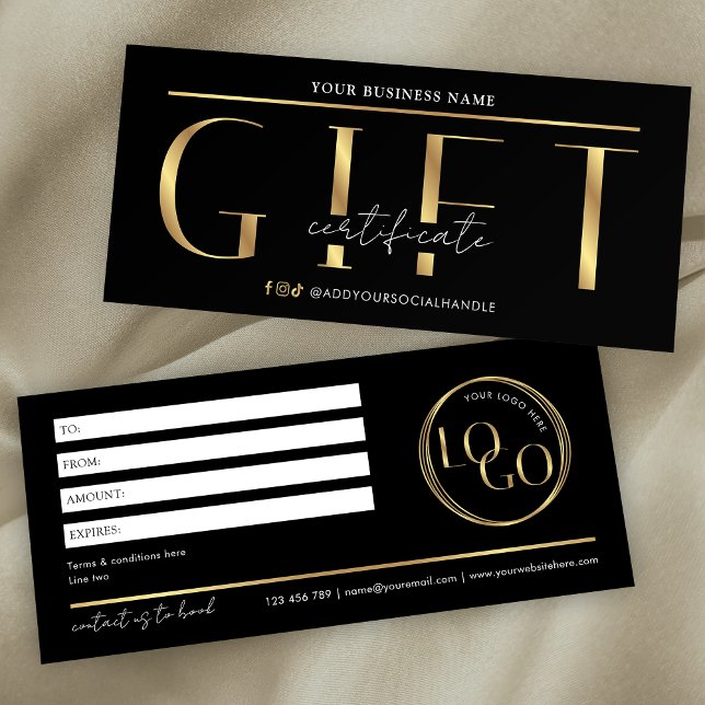 Glam Black & Guld Logotyp Spa Salon Gift Certifica (Modern black and gold effect gift certificate with space for your custom text and logo)