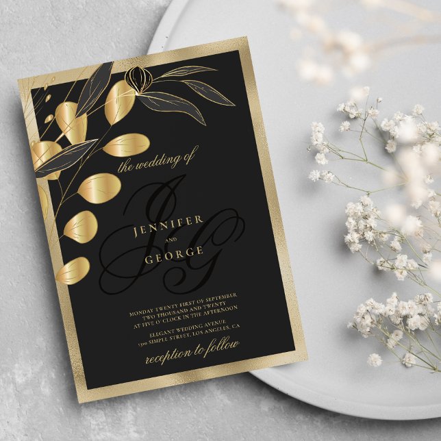 Glam Black guld monogram initialer blommigt bröllo Inbjudningar (Glam black gold monogram initials floral wedding)
