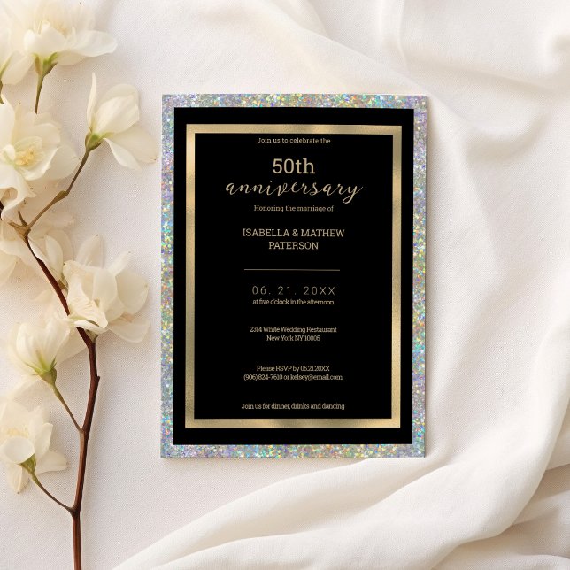 Glam Black guld silver 50:e Bröllop-årsdagen Inbjudningar (Glam black gold silver 50th Wedding Anniversary )
