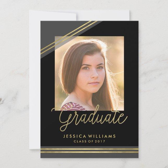 Glam Black + Guld Studentkorten Inbjudningar (Framsida)
