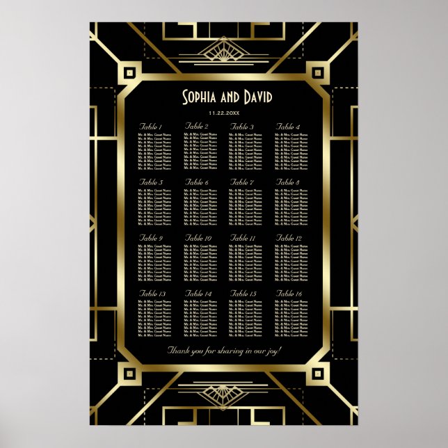 Glam Black Guld Underbar Gatsby 20:s sittdiagram Poster (Framsidan)
