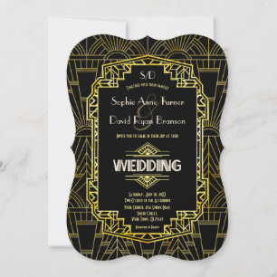 Glam Black & Guld Underbar Gatsby Art Deco Bröllop Inbjudningar