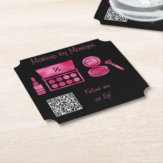 Glam Black & Hot Pink Sminkartist QR-kod Underlägg Papper (Vinklad)