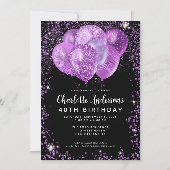 Glam Black Lila Violet Glitter Balloon Birthday Inbjudningar (Framsida)