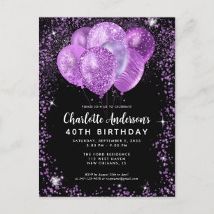 Glam Black Lila Violet Glitter Balloon Birthday Vykort
