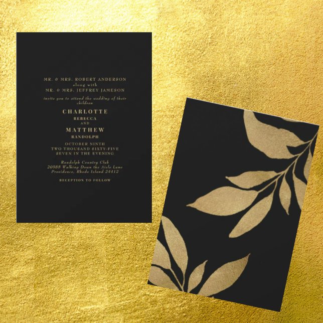 Glam Black Metallic Guld Foliage Bröllop Inbjudningar (Skapare uppladdad)