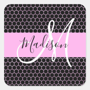 Glam Black Metallic Rosa Bikakemönster Monogram Na Fyrkantigt Klistermärke