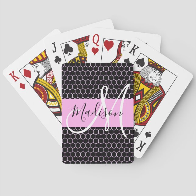 Glam Black Metallic Rosa Honeycomb Monogram Namn Casinokort (Baksidan)