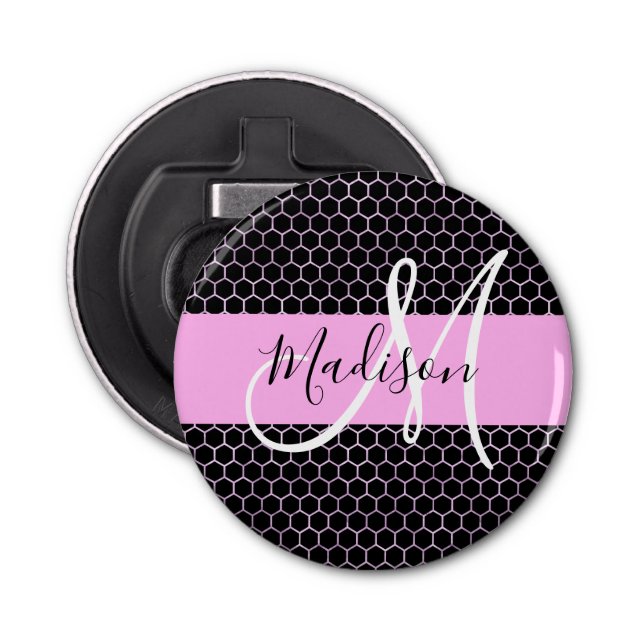 Glam Black Metallic Rosa Honeycomb Monogram Namn Flasköppnare (Framsidan)