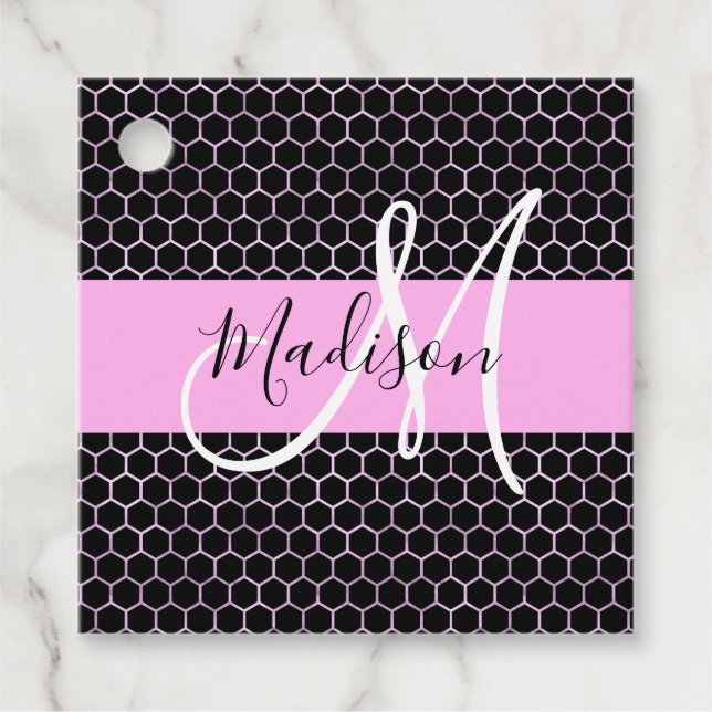 Glam Black Metallic Rosa Honeycomb Monogram Namn Gåvor Etiketter (Framsida)